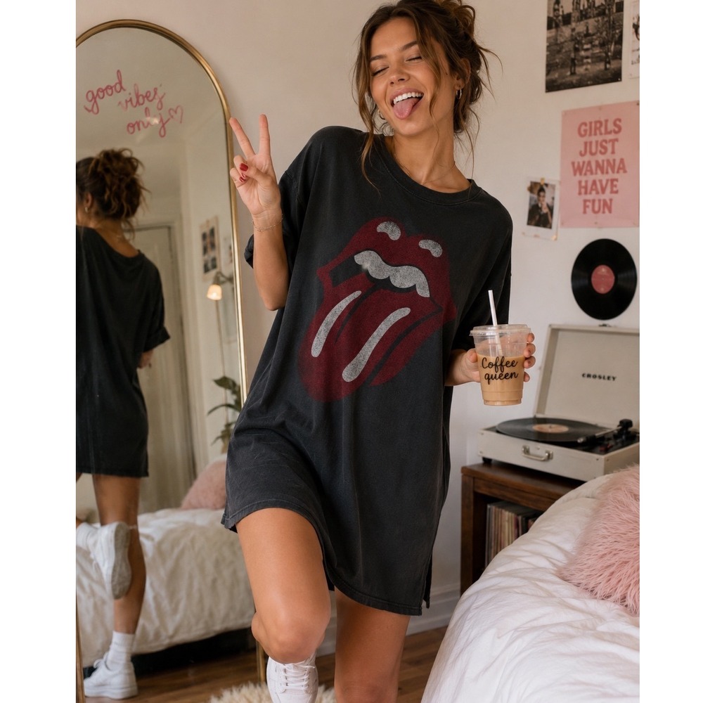 Daydreamer x Free People Rolling Stones '89 T-Shirt Dress Black Small Vintage